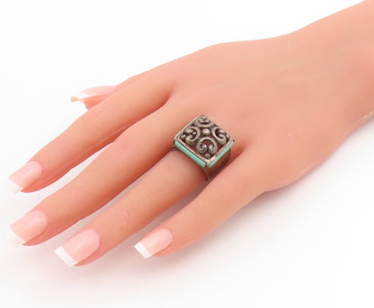 925 Sterling Silver Vintage Ring Turquoise Dark Tone Floral Band  Sz 7  RG33854