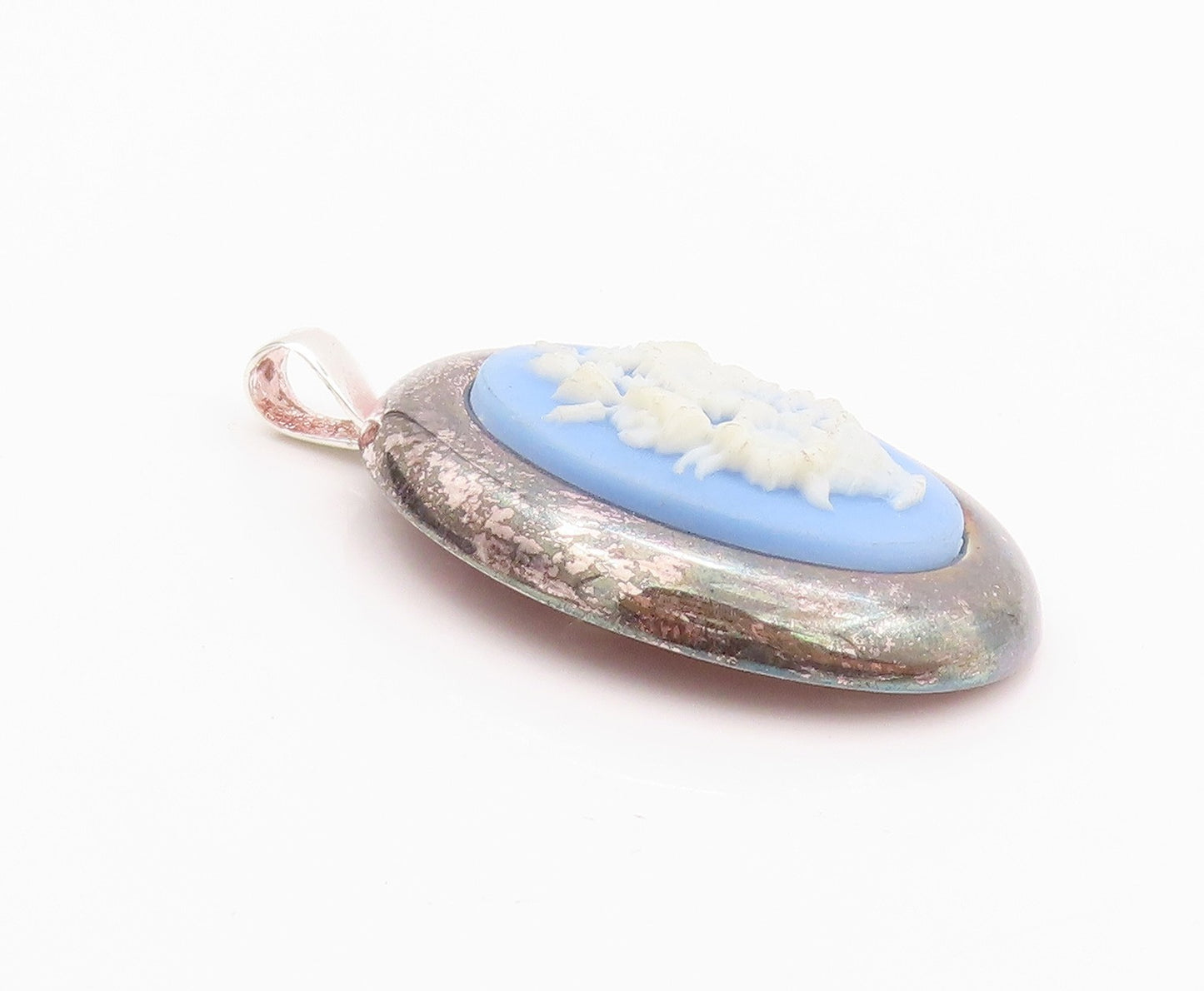 925 Sterling Silver Vintage Brooch Pin Blue Flower Vase Cameo  BP11594