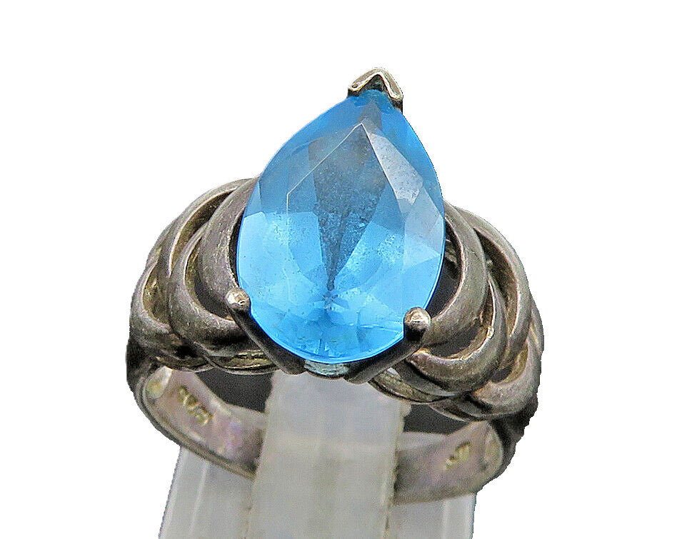 925 Silver  Vintage Shiny Blue Topaz Pear Shape Open Band Ring Sz 6  RG23864