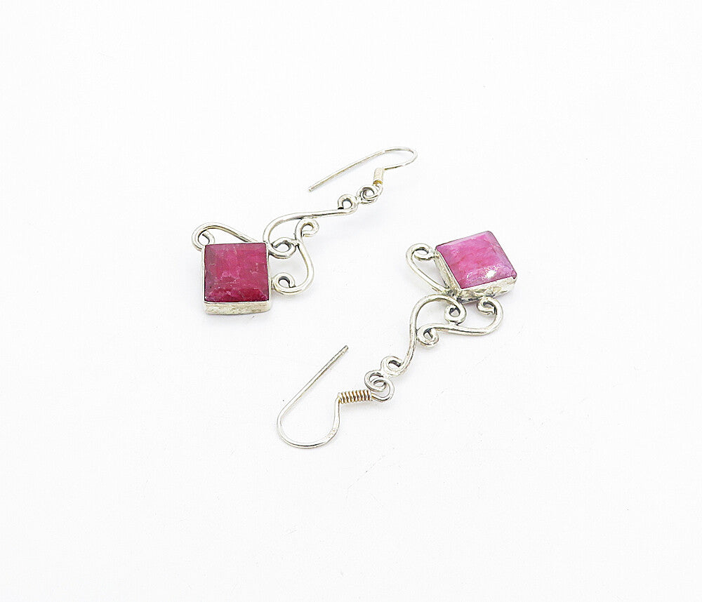 925 Sterling Silver Vintage Ruby Shiny Swirl Design Dangle Earrings EG3475