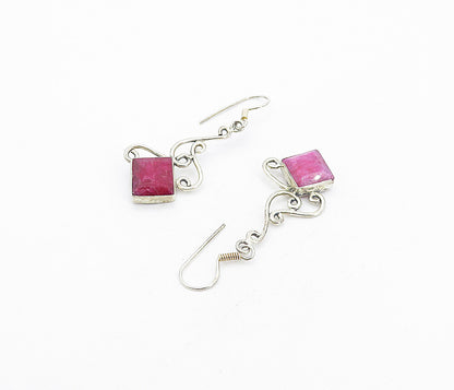 925 Sterling Silver Vintage Ruby Shiny Swirl Design Dangle Earrings EG3475