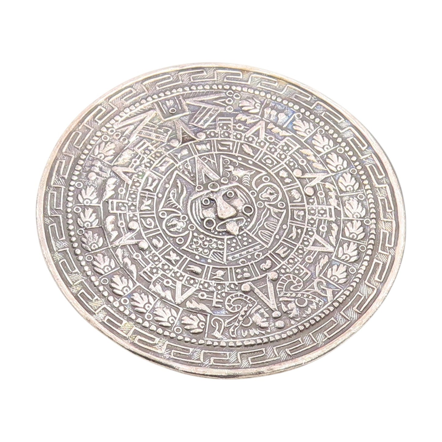 925 Sterling Silver Vintage Brooch Ancient Aztec Calendar Medallion Pin  BP11988