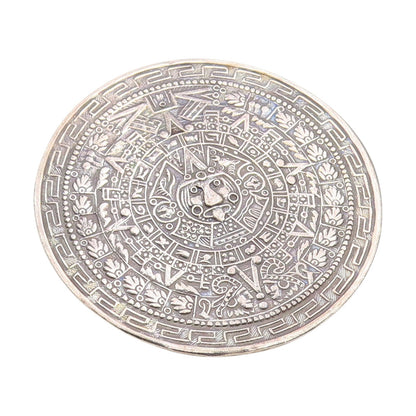925 Sterling Silver Vintage Brooch Ancient Aztec Calendar Medallion Pin  BP11988