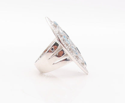 925 Sterling Silver Vintage Ring Oval Cut Blue Topaz Marquise Inlay Sz 7 RG29938