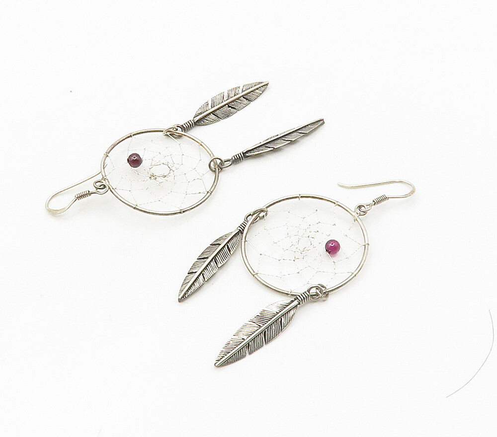 925 Silver Vintage Garnet Dream Catcher Dangle Earrings EG7987