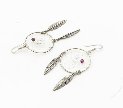 925 Silver Vintage Garnet Dream Catcher Dangle Earrings EG7987