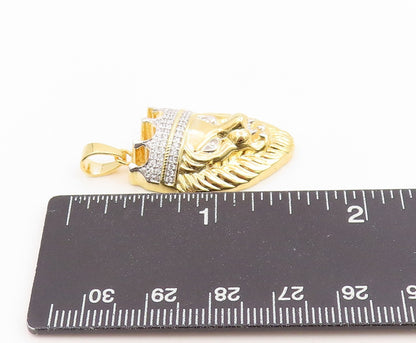 925 Sterling Silver Vintage Pendant Gold Plated CZ Crowned Lion Head  PT26217