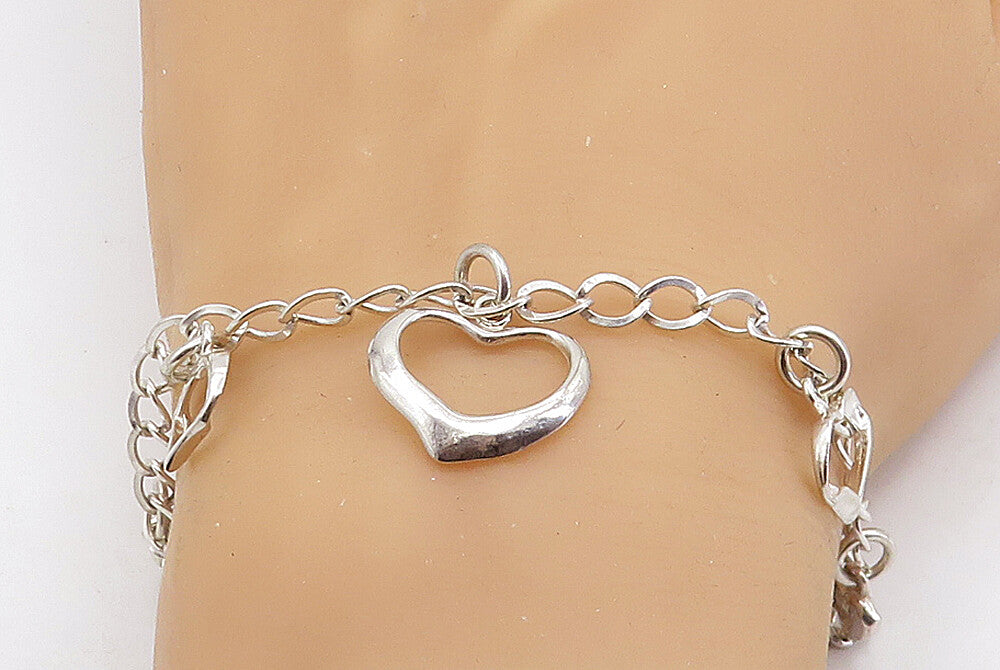 925 Sterling Silver  Open Love Heart Charmed Curb Link Chain Bracelet  BT2382