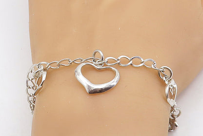 925 Sterling Silver  Open Love Heart Charmed Curb Link Chain Bracelet  BT2382