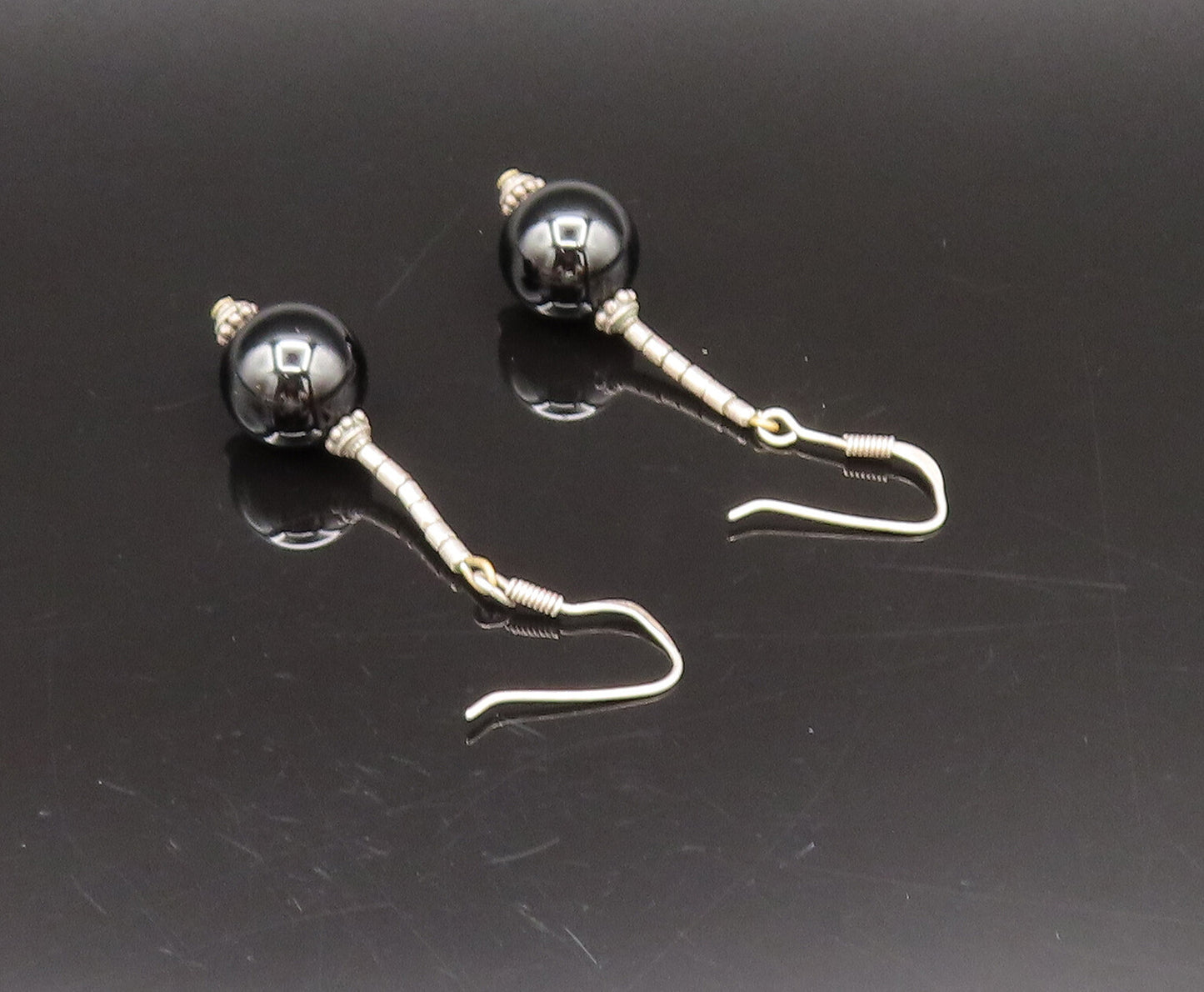 925 Silver  Vintage Detailed Bar & Black Onyx Bead Ball Drop Earrings  EG12281