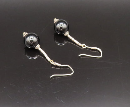925 Silver  Vintage Detailed Bar & Black Onyx Bead Ball Drop Earrings  EG12281