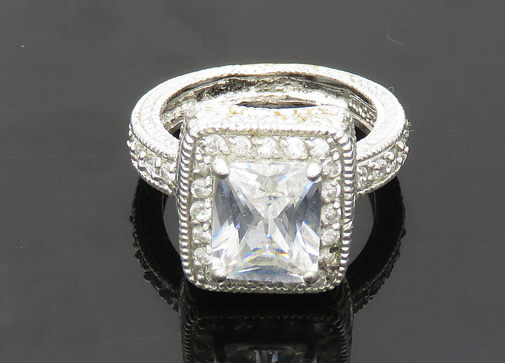 925 Sterling Silver  Vintage Shiny Cubic Zirconia Cocktail Ring Sz 10  RG20796