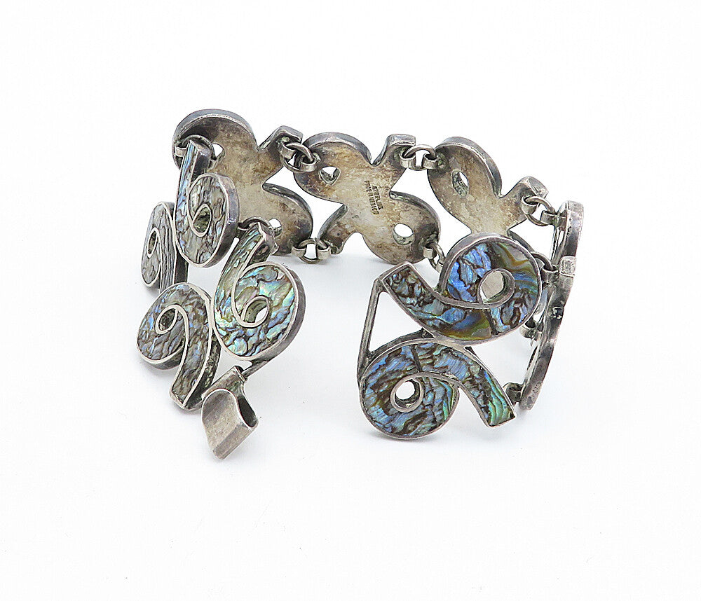 MEXICO 925 Silver Vintage Inlaid Abalone Shell 96 Link Chain Bracelet BT2975