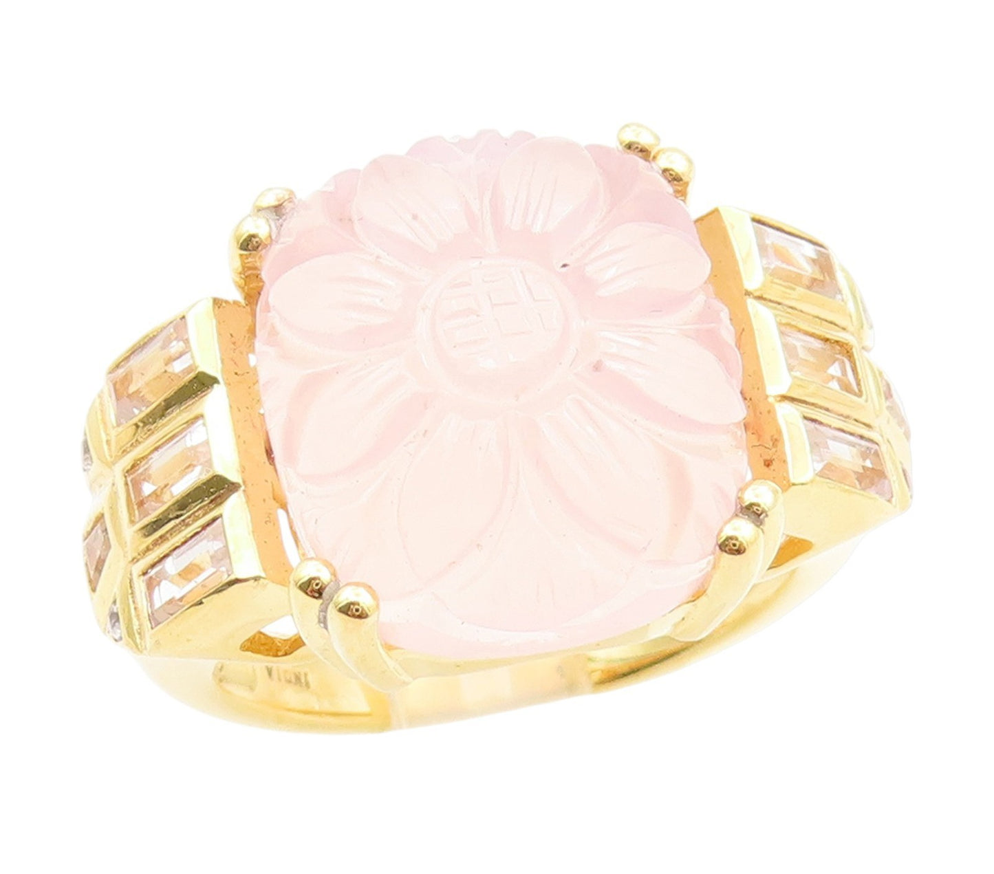 925 Sterling Silver Vintage Ring Gold Plated Carved Rose Quartz  Sz 10  RG34172