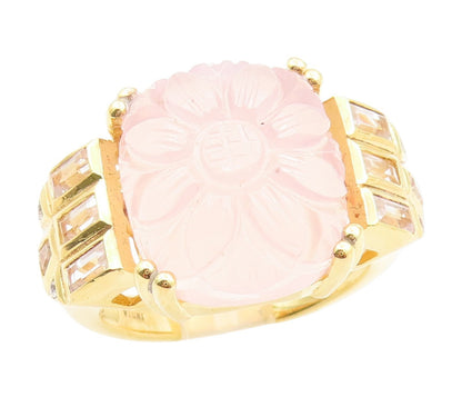 925 Sterling Silver Vintage Ring Gold Plated Carved Rose Quartz  Sz 10  RG34172