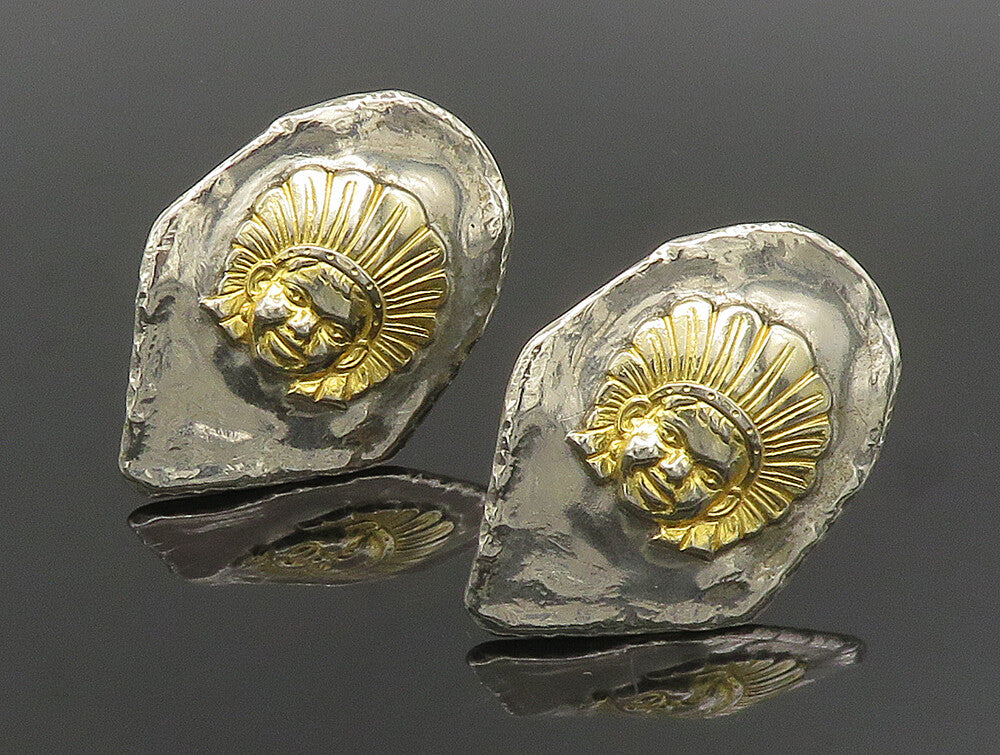 925 Silver  Vintage Shiny Two Tone Tribal Head Non Pierced Earrings  EG11682