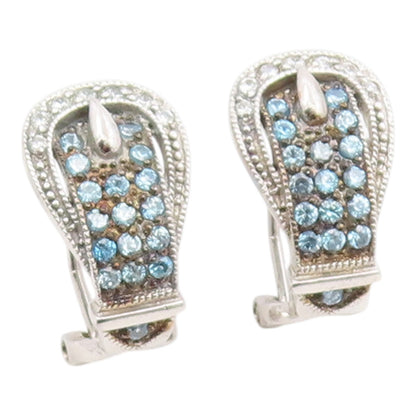 925 Sterling Silver Vintage Earrings Blue Topaz & CZ Belt Buckle Design  EG14345