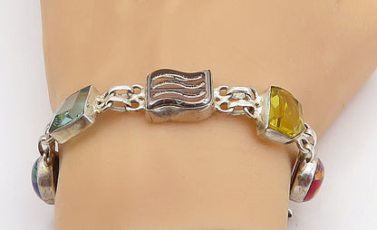 925 Sterling Silver  Vintage Azurite Turquoise & Topaz Chain Bracelet  BT3157