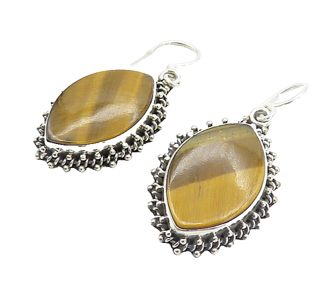 925 Sterling Silver  Vintage Tiger's Eye Pointed Oval Dangle Earrings  EG3525
