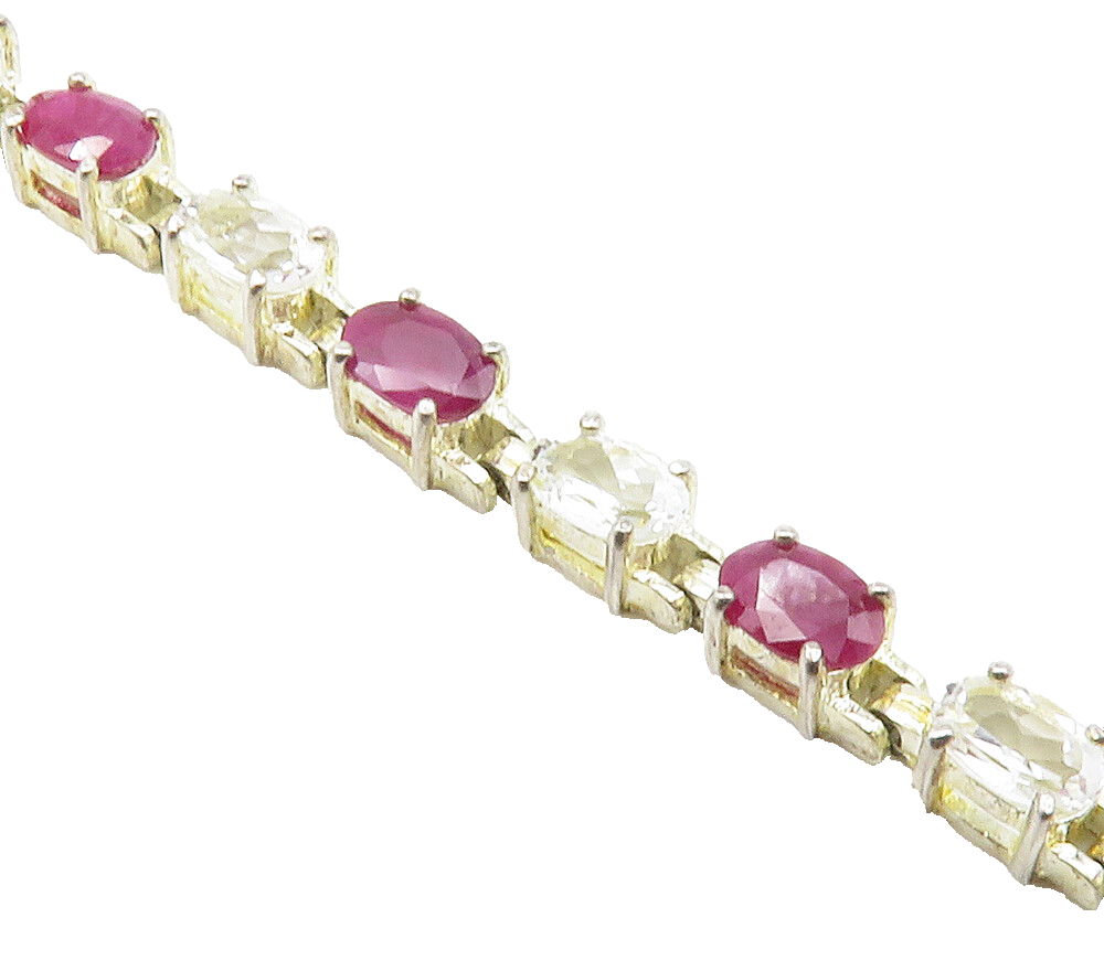 925 Sterling Silver  Shiny Prong Set Ruby & Topaz Chain Bracelet  BT5949