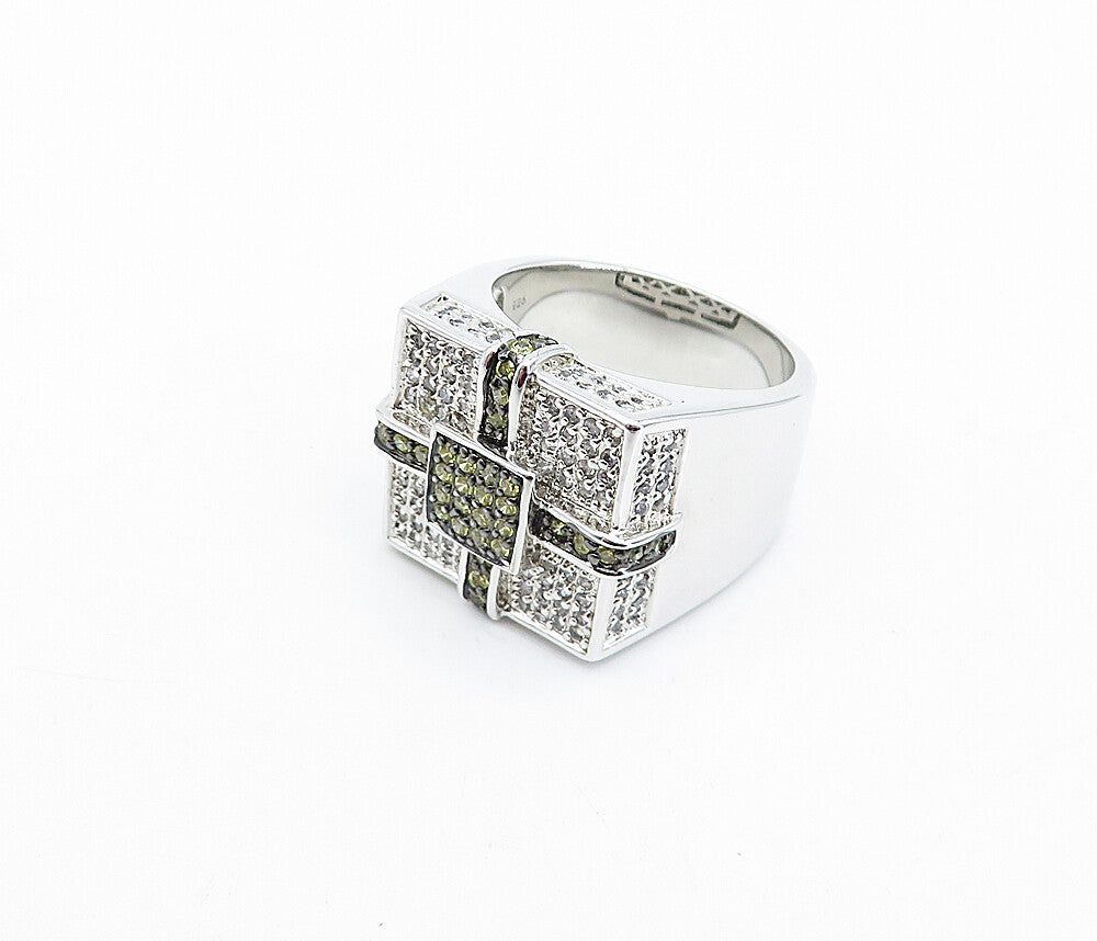 925 Sterling Silver Topaz Encrusted Large Square Band Ring Sz 11 RG4033