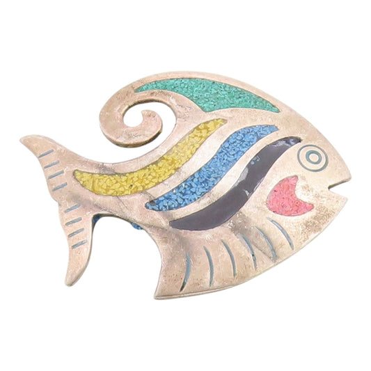 MEXICO 925 Silver  Vintage Turquoise & Coral & Enamel Fish Brooch Pin  BP9254