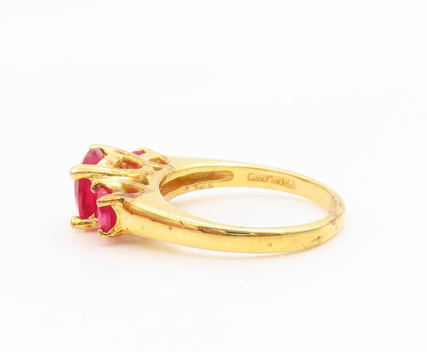 925 Sterling Silver Vintage Ring Gold Plated Three Stone Ruby Band Sz 6 RG35818