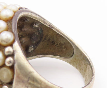 925 Sterling Silver Vintage Ring Mother Of Pearl Halo Pearls  SZ 10 RG31974