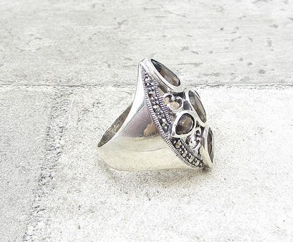 925 Sterling Silver Smoky Quartz & Marcasite Cross Cocktail Ring Sz 8.5 RG1960