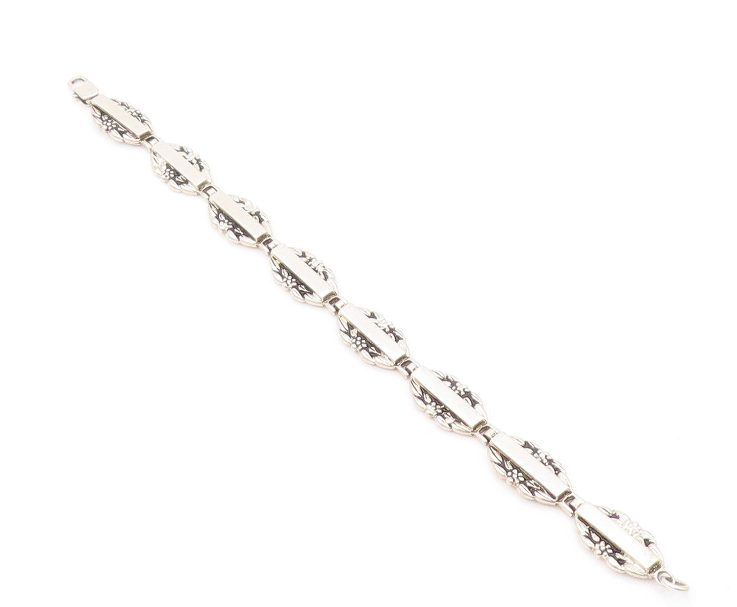 925 Sterling Silver Vintage Bracelet Slab & Floral Carved Hinged Band  BT11141
