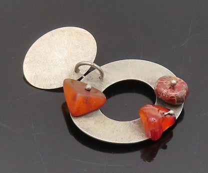 925 Sterling Silver Vintage Pendant Solid Modernist Amber Turquoise  PT22618