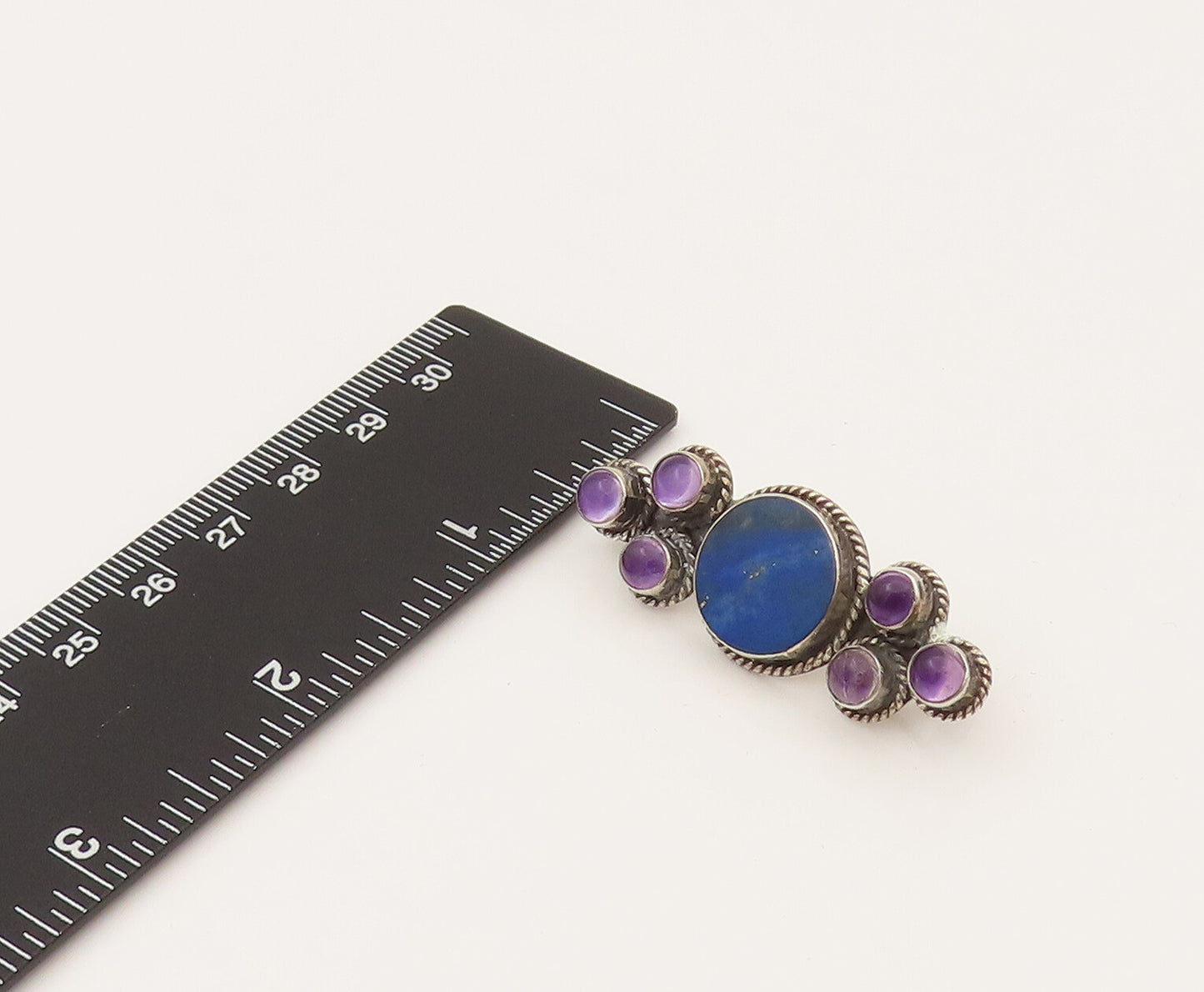 925 Silver  Vintage Lapis Lazuli & Cabochon Amethyst Brooch Pin  BP10215