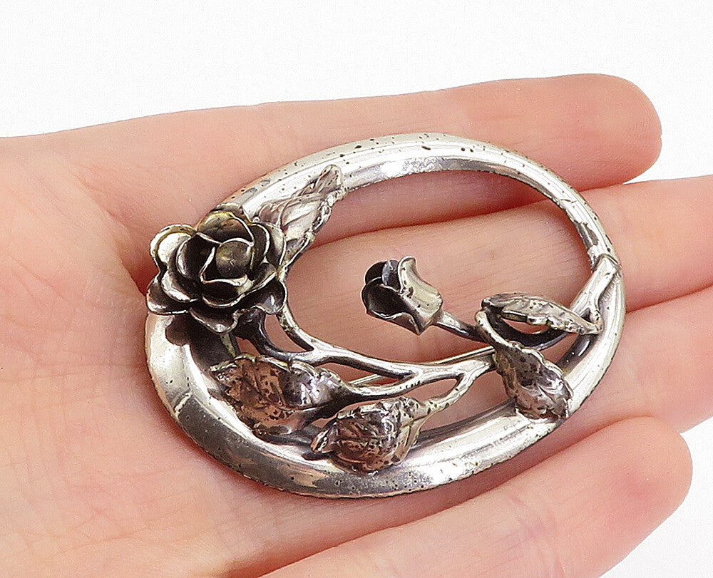 DANECRAFT 925 Sterling Silver  Vintage Sculpted Flowers Brooch Pin  BP1599