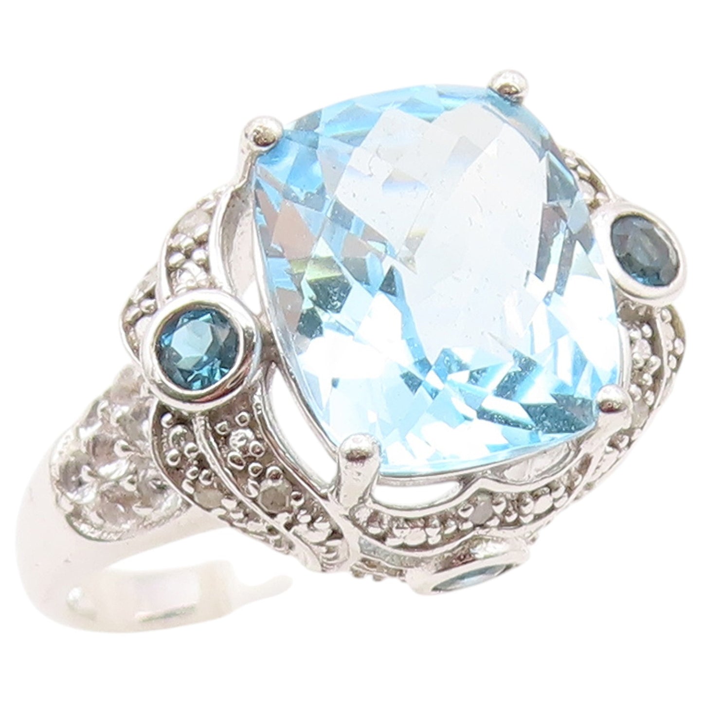 925 Sterling Silver Vintage Ring Elegant Blue Topaz & CZ Band  Sz 10  RG36562