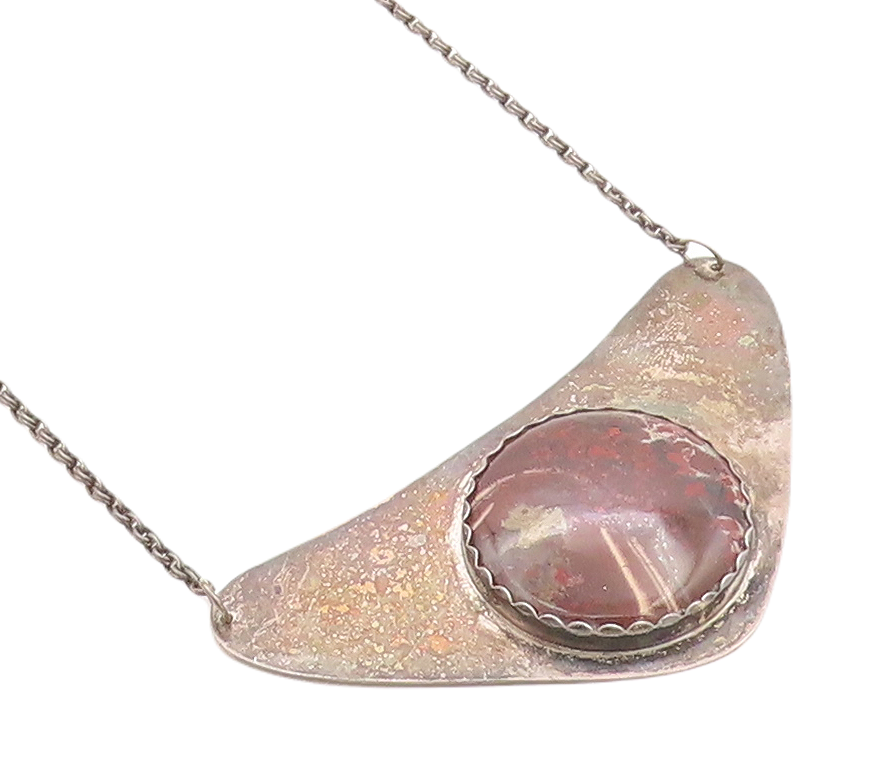 925 Sterling Silver  Vintage Red Agate Oxidized Pendant Chain Necklace  NE1703