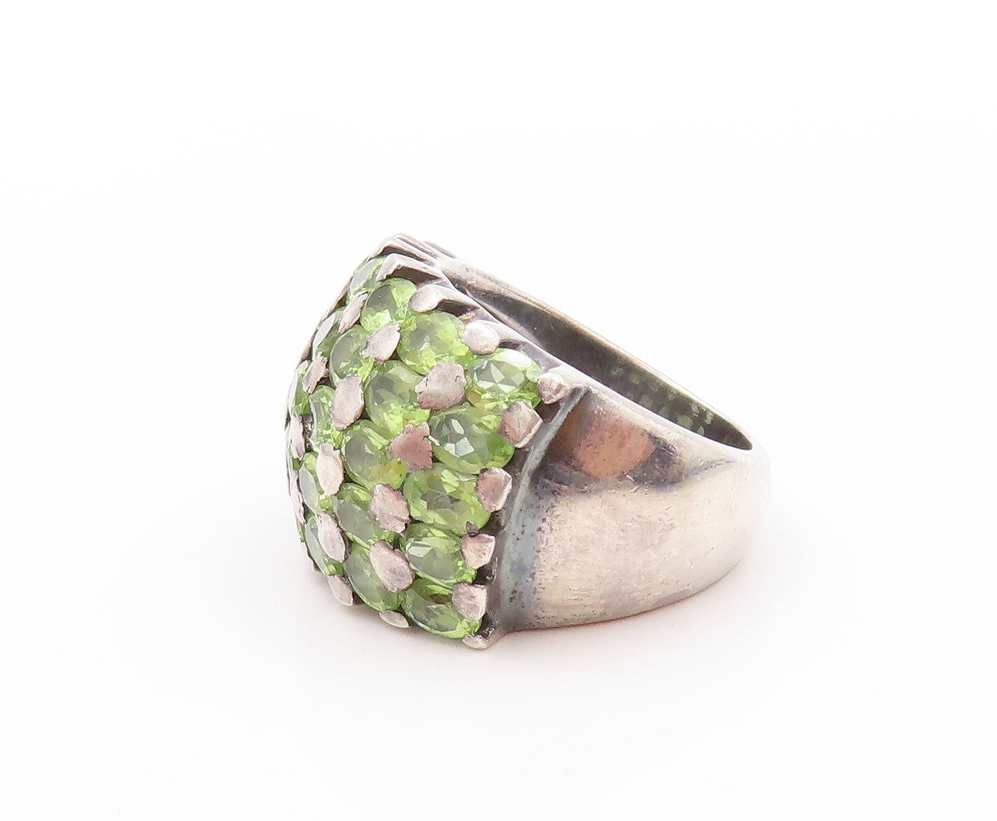925 Sterling Silver Vintage Ring Oval Cut Peridot Inlay Broad Band Sz 6  RG32790