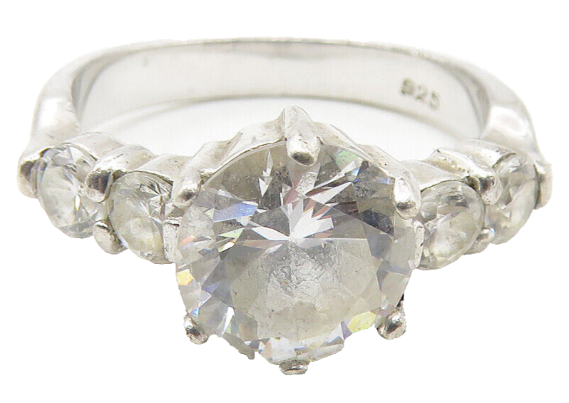 925 Sterling Silver   Cubic Zirconia Solitaire With Accents Ring Sz 7  RG11647