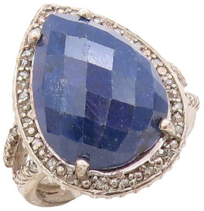 925 Sterling Silver Vintage Ring Diamonds & Drop Cut Sapphire  Sz 7  RG30610