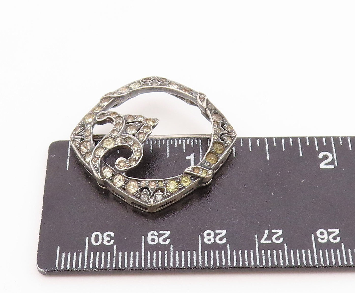 925 Sterling Silver Vintage Antique Open Floral Motif Topaz Brooch Pin  BP9849