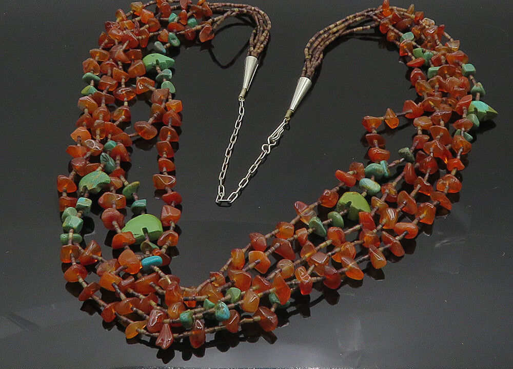 SOUTHWESTERN 925 Sterling Silver Vintage Turquoise & Agate Chain Necklace NE3352