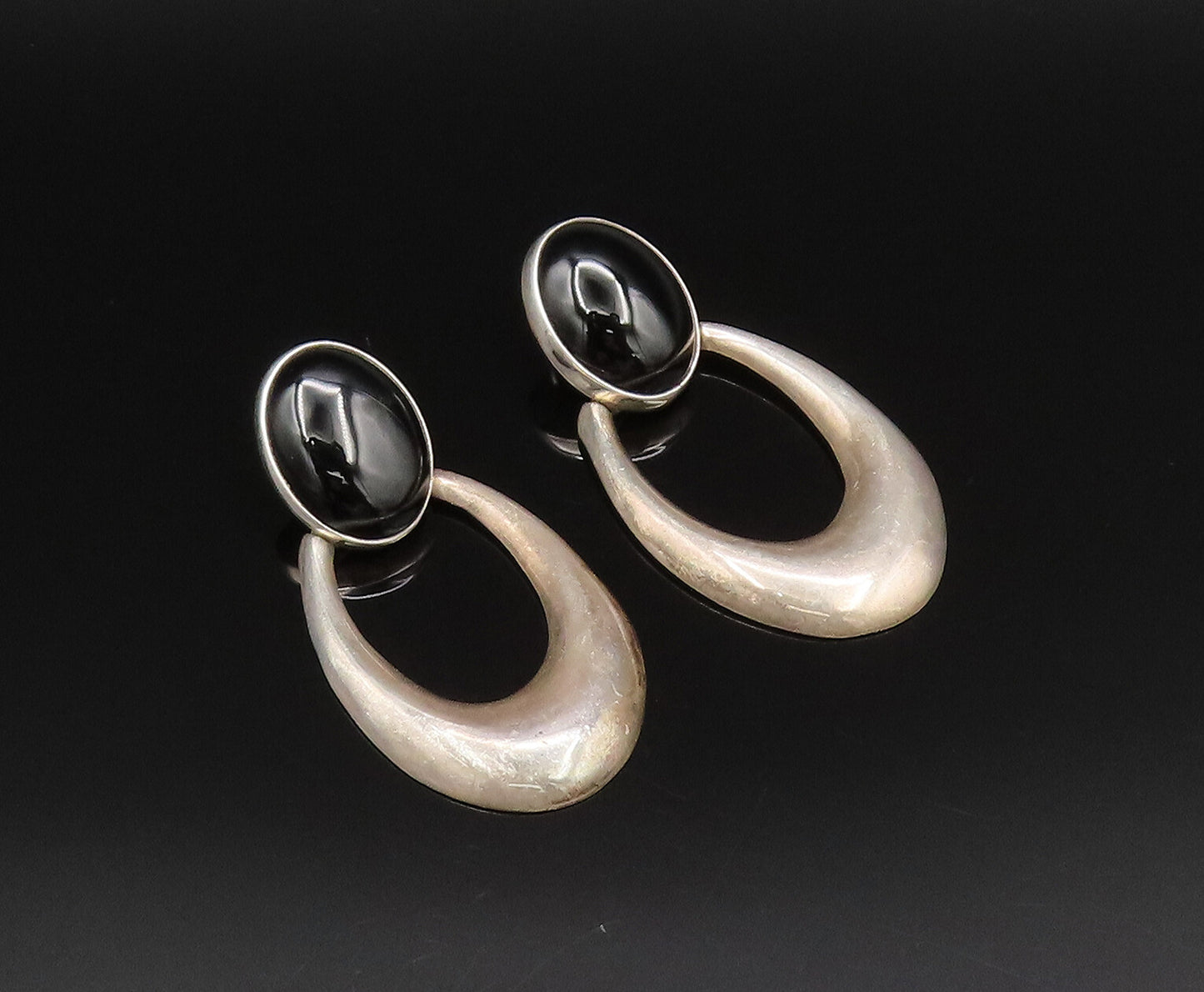 925 Sterling Silver Vintage Cabochon Black Onyx Open U Dangle Earrings EG12130