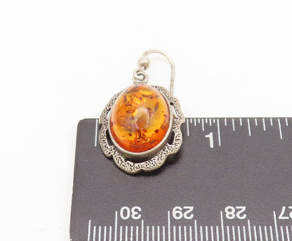 POLAND 925 Silver  Vintage Large Amber Halo Cutout Flower Earrings  EG12594