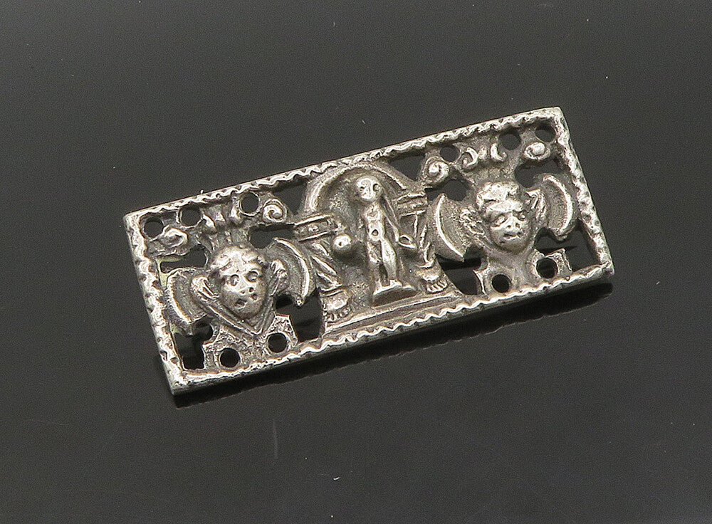 EUROPEAN 925 Silver  Vintage Antique Chiseled Faces Square Brooch Pin  BP9188