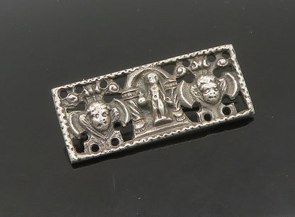 EUROPEAN 925 Silver  Vintage Antique Chiseled Faces Square Brooch Pin  BP9188