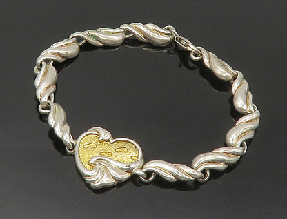 GORHAM 925 Silver  Vintage 2 Tone Heart Footprint Quote Chain Bracelet  BT6941
