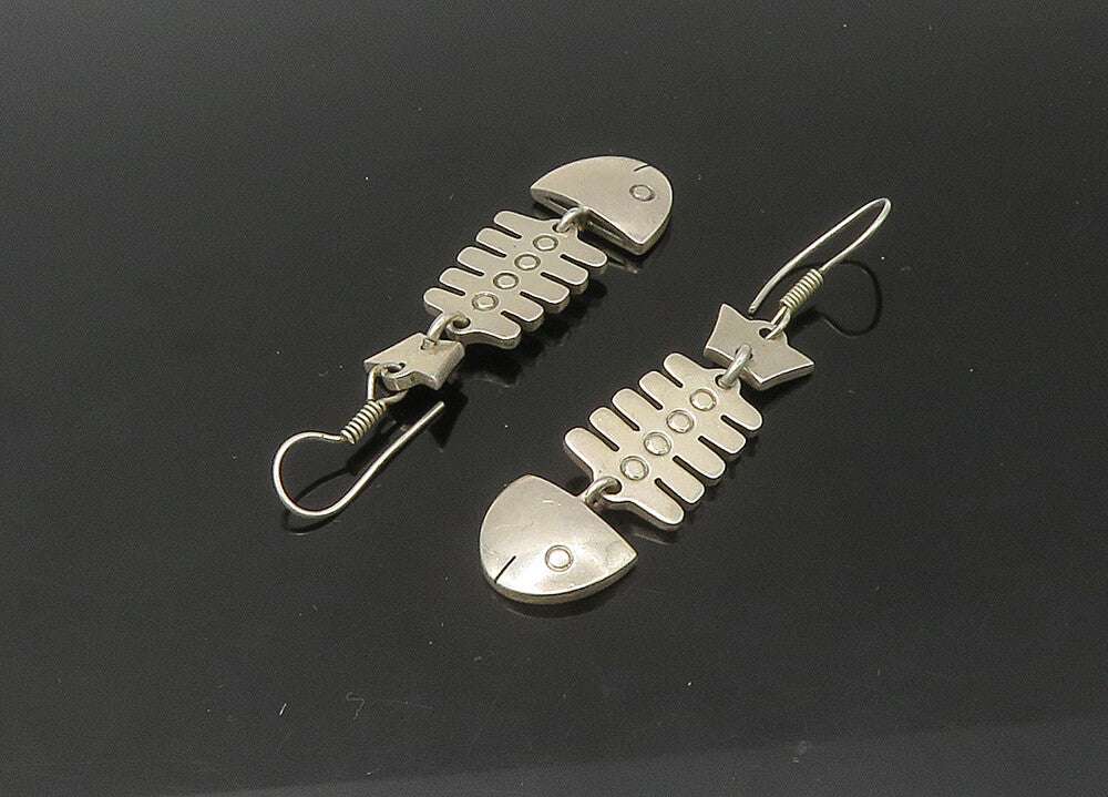MEXICO 925 Sterling Silver  Vintage Fish Bones Motif Dangle Earrings  EG11006