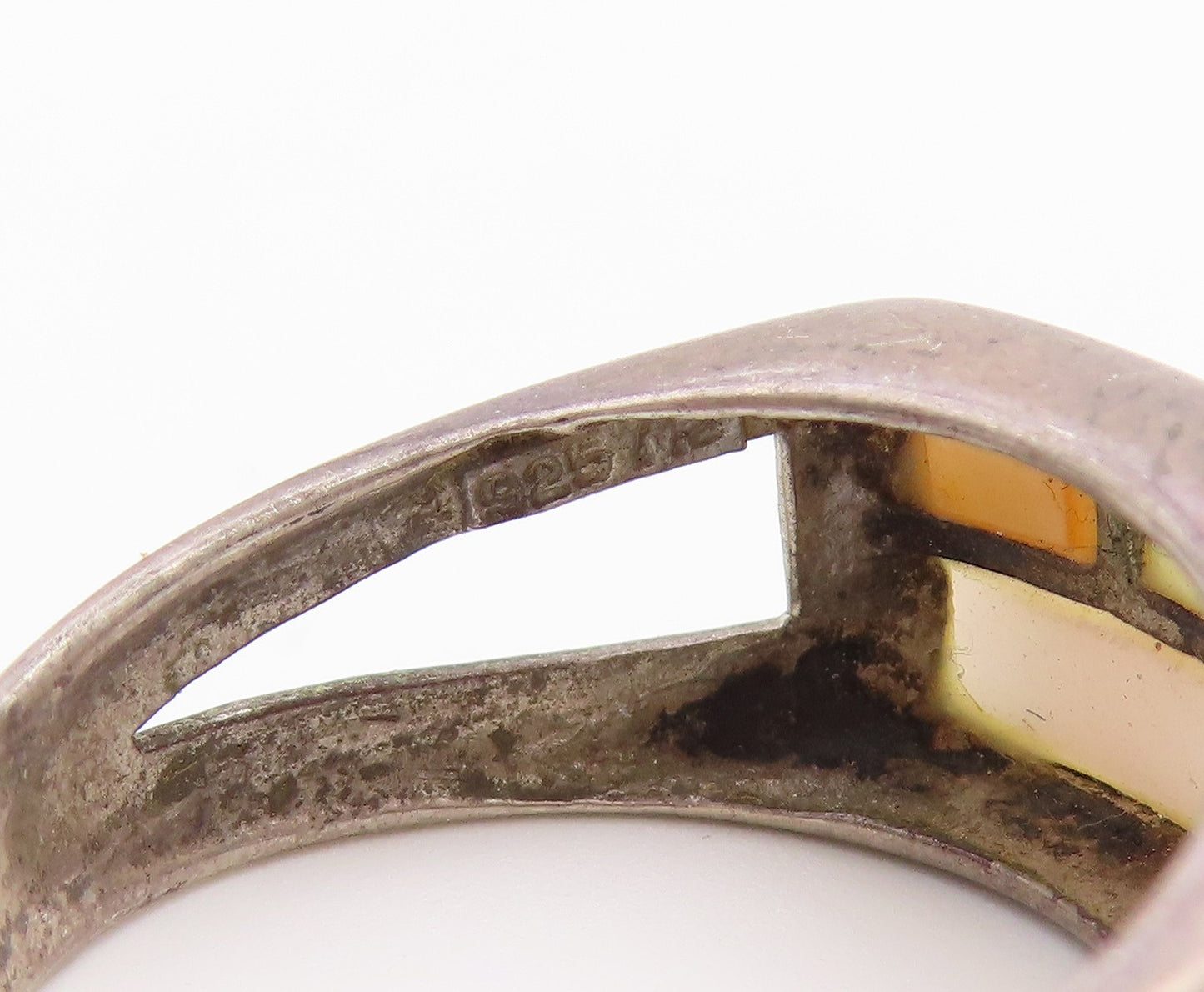 925 Sterling Silver Vintage Ring Mother Of Pearl Geometric Inlay  Sz 9  RG36926