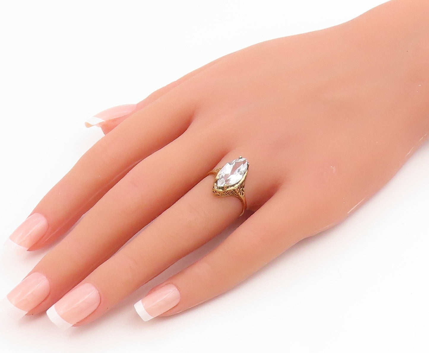 925 Sterling Silver Vintage Ring Gold Plated Marquise Cut CZ Band  Sz 6  RG35491