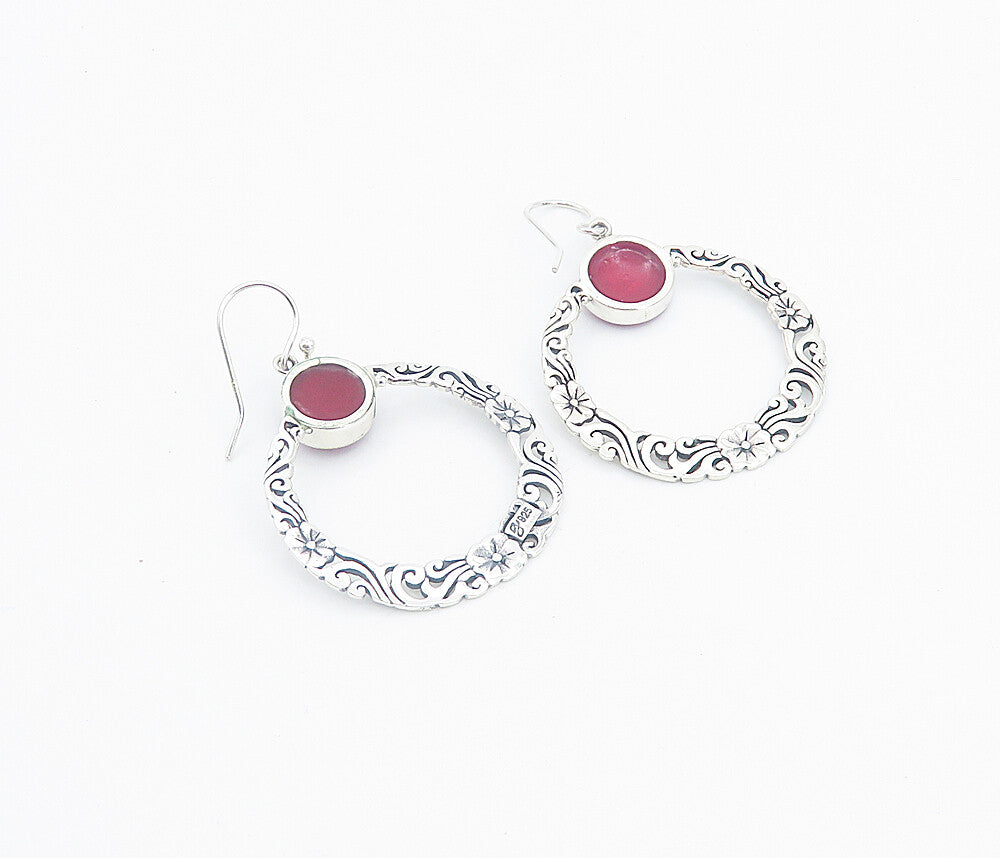 925 Sterling Silver Cabochon Cut Coral Floral Round Drop Earrings EG2983