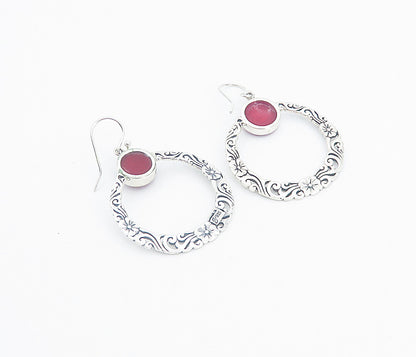 925 Sterling Silver Cabochon Cut Coral Floral Round Drop Earrings EG2983
